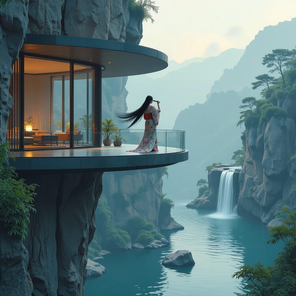 Cliffside House with Woman in Kimono, Cinematic Style