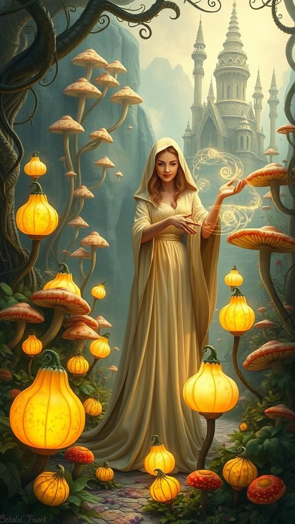 Fairy Godmother enchanting Gourds in a garden by MC Escher