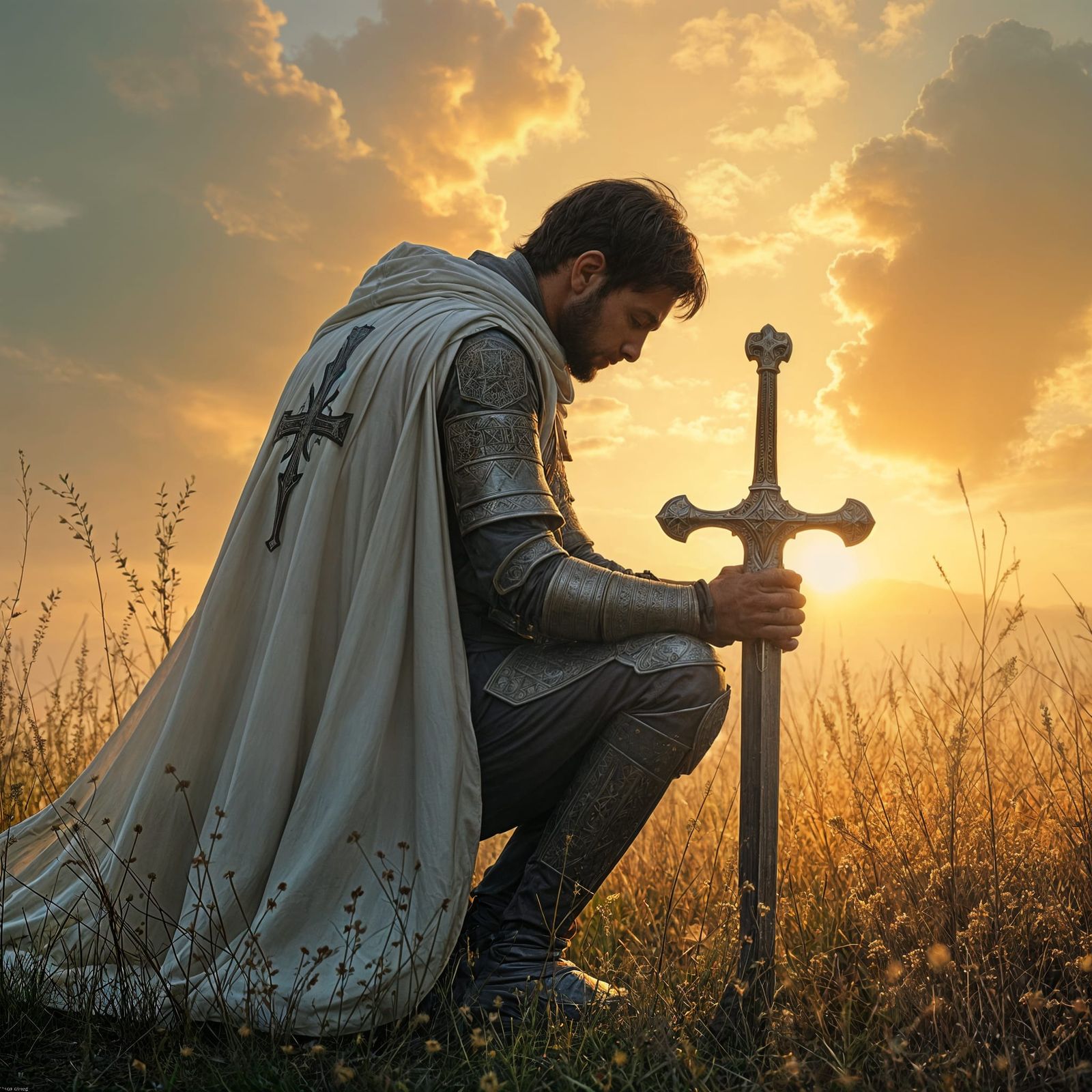 Knight Templar in Prayer at Sunrise