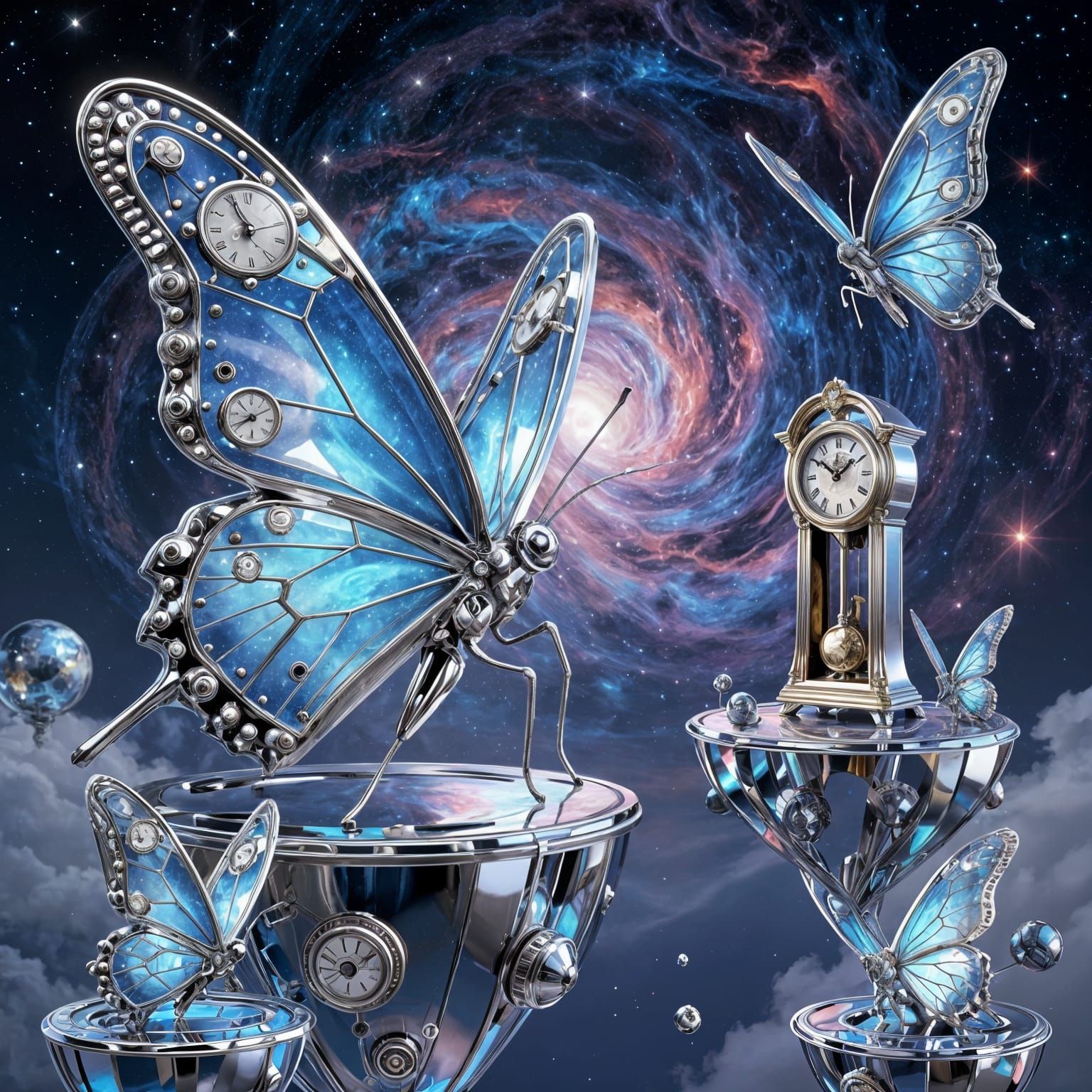Surreal Chrome Butterflies in Cosmic Dreamscape