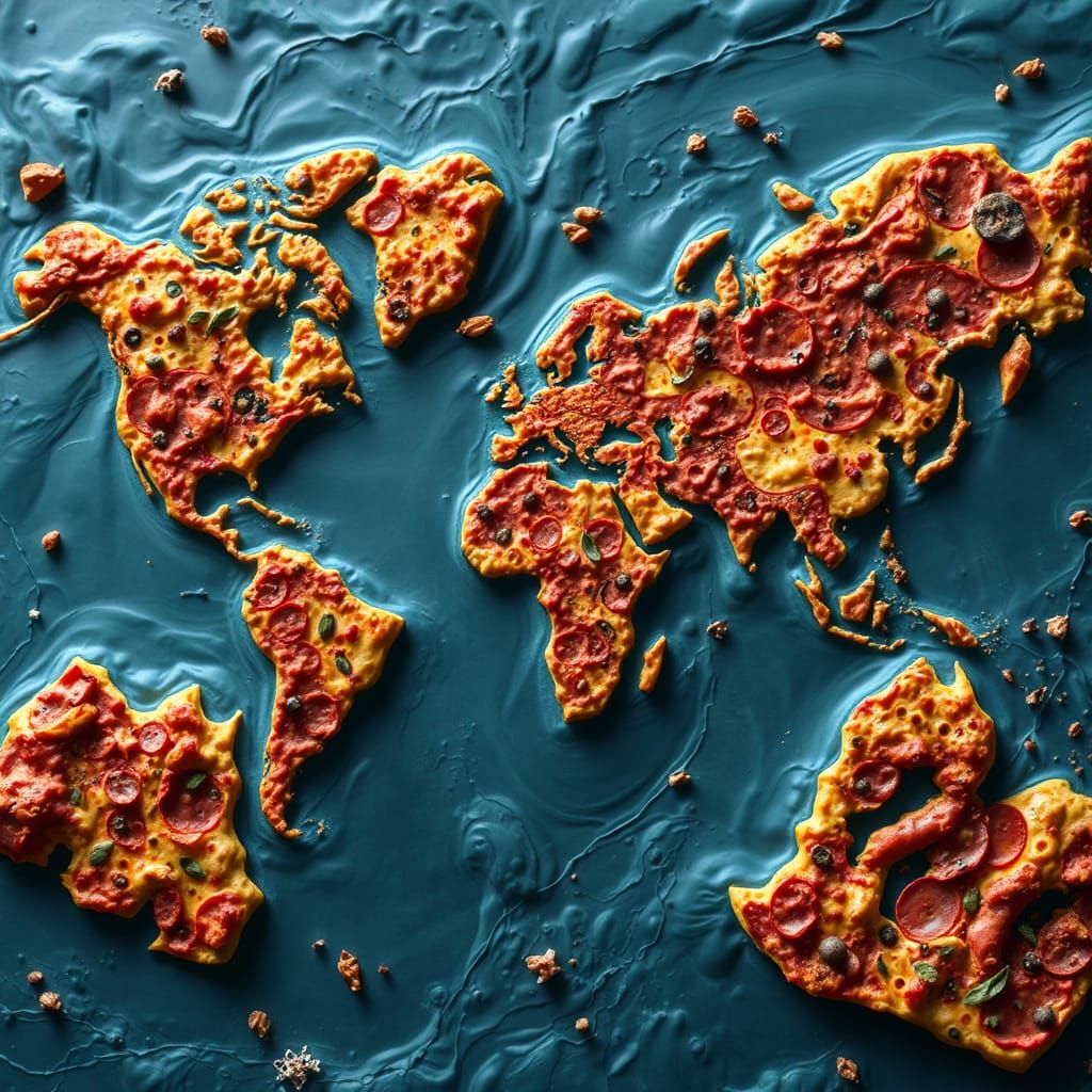 Fantastical World Map and Pizza Ingredients in Detailed Pain...