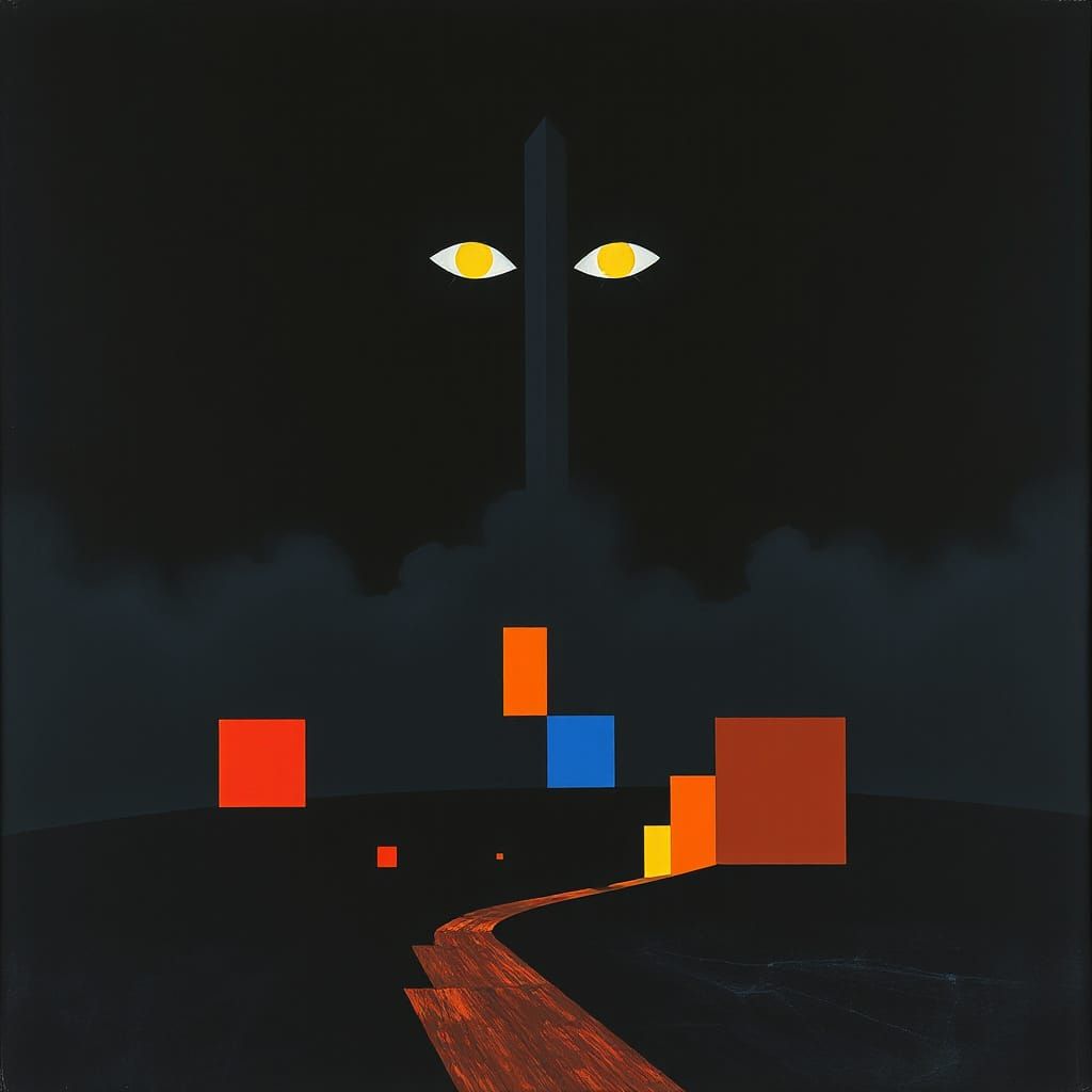 Towering Eye of Surveillance in a Dark Surrealist Landscape