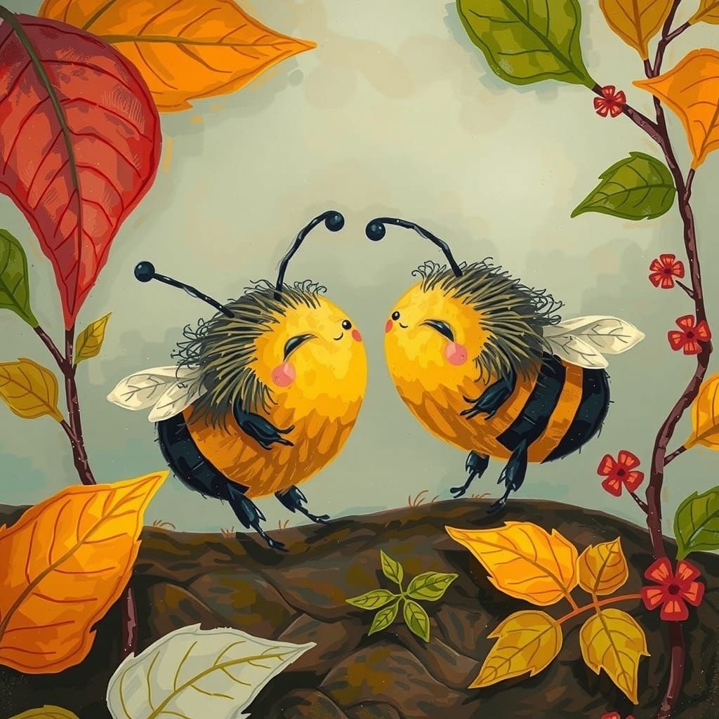 Chibi Honeybees in Whimsical Fabric Landscape