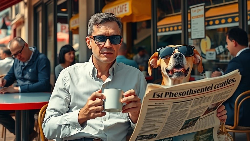 Humorous Hyper-Realistic Cafe Scene with Exaggerated Charact...