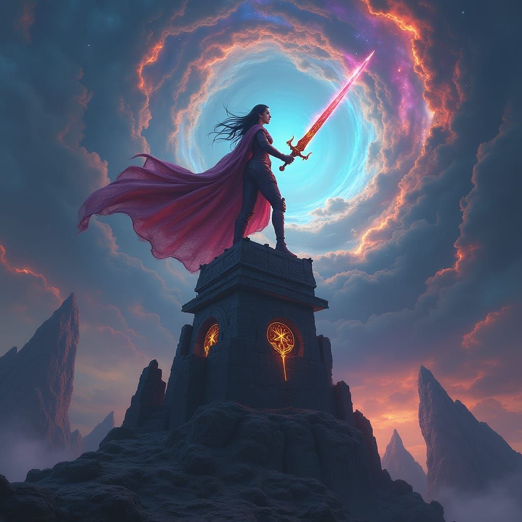 Celestial Warrior in Cosmic Armor with Mystical Sword