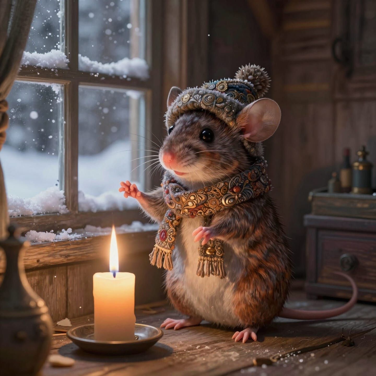 Cozy Mouse by Candle in Rustic Cabin