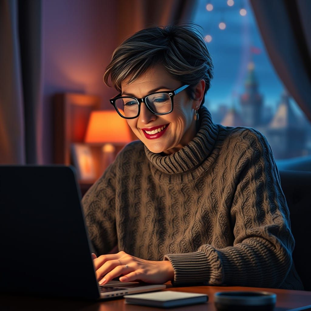 Elegant Woman Enthusiastically Plays Fantasy Game on Laptop