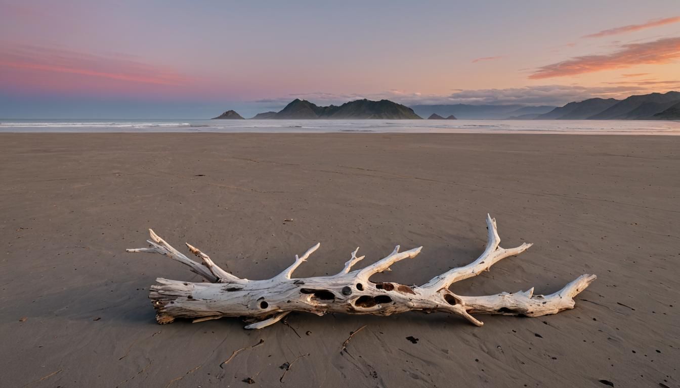 New Zealand Beach at Dawn with Driftwood