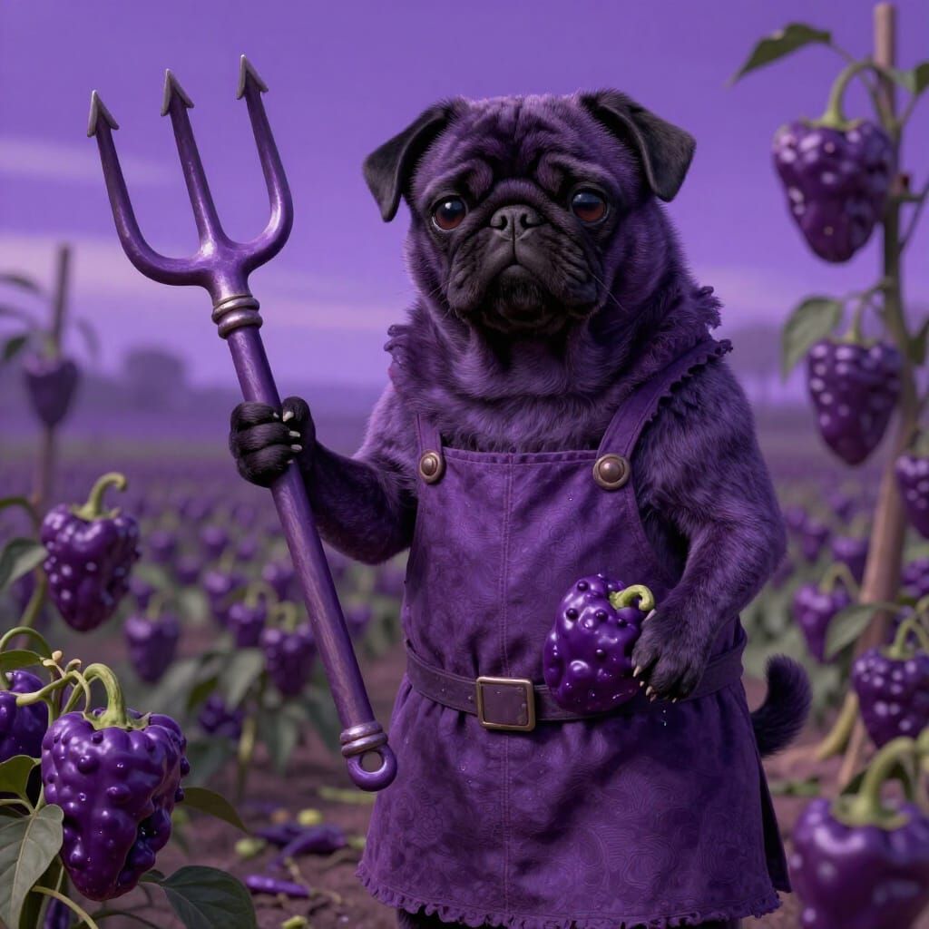 Baroque Purple Pug Farmer with Pitchfork