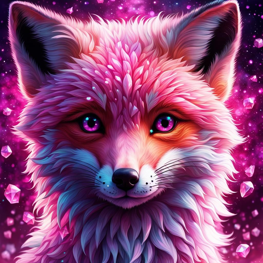 Galaxy Pink Fox with Crystals: Digital Matte Painting