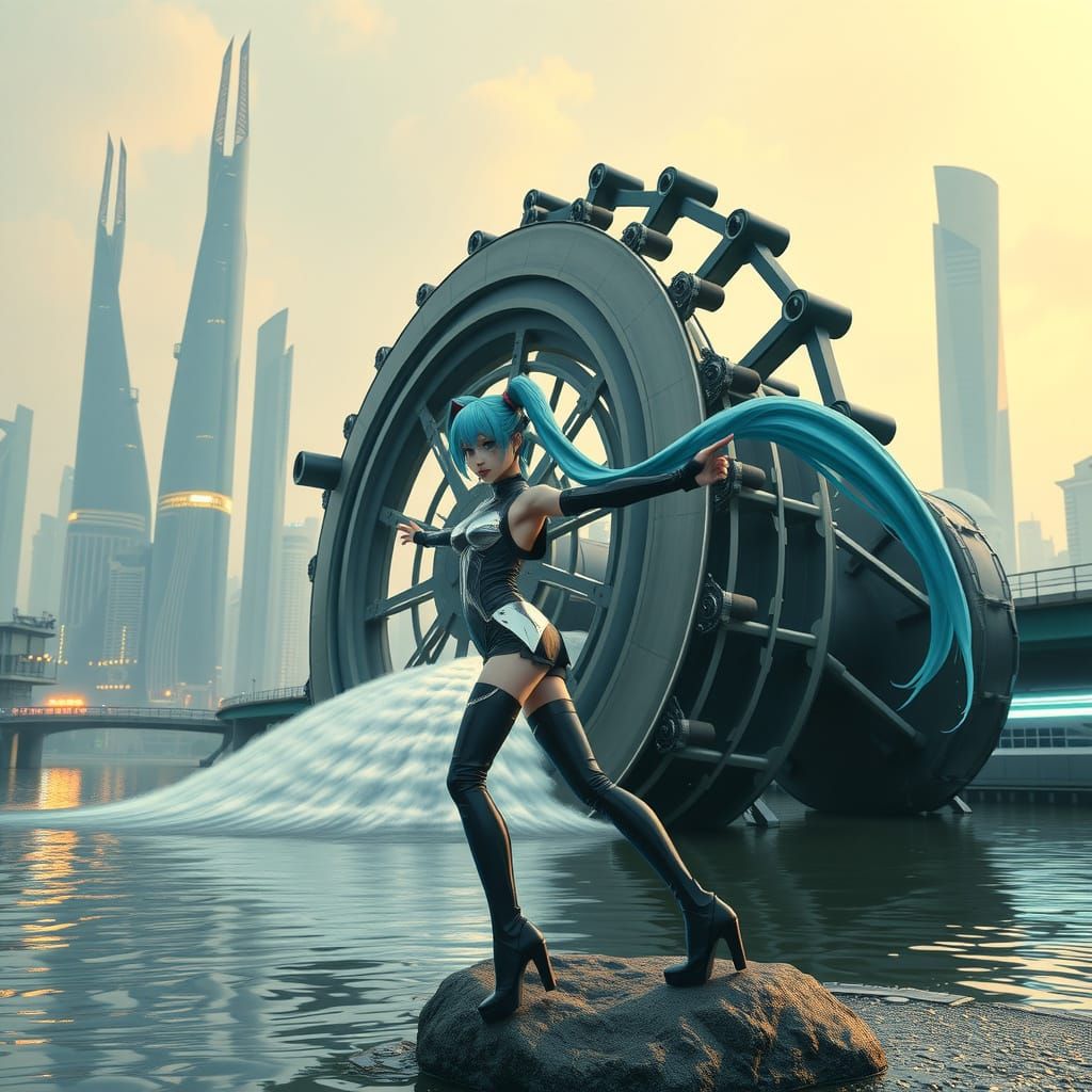 Futuristic Riverbank Heroine in High-Tech Splendor