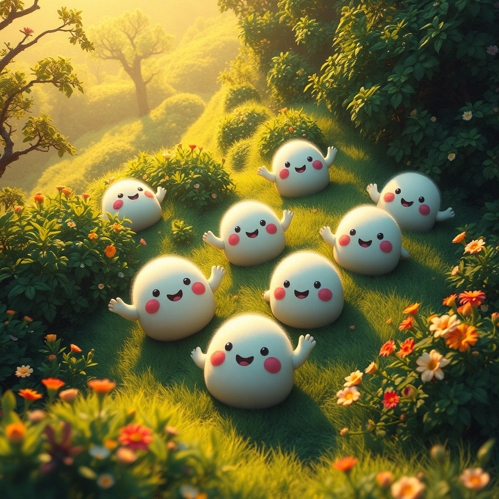 Whimsical Fluffy Blobs Frolicking on Emerald Hillside