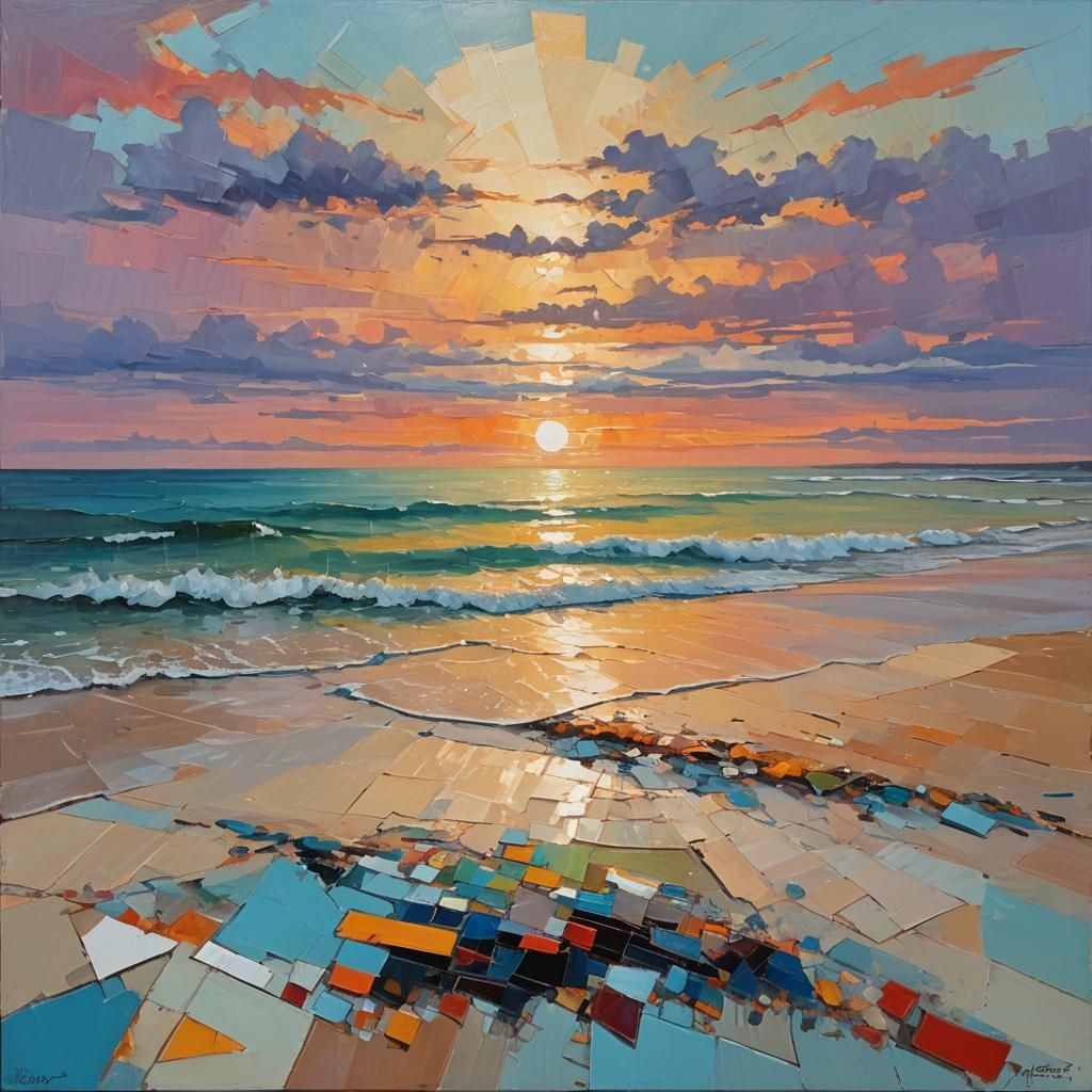 Geometric Beach Sunset in Oil Painting Style