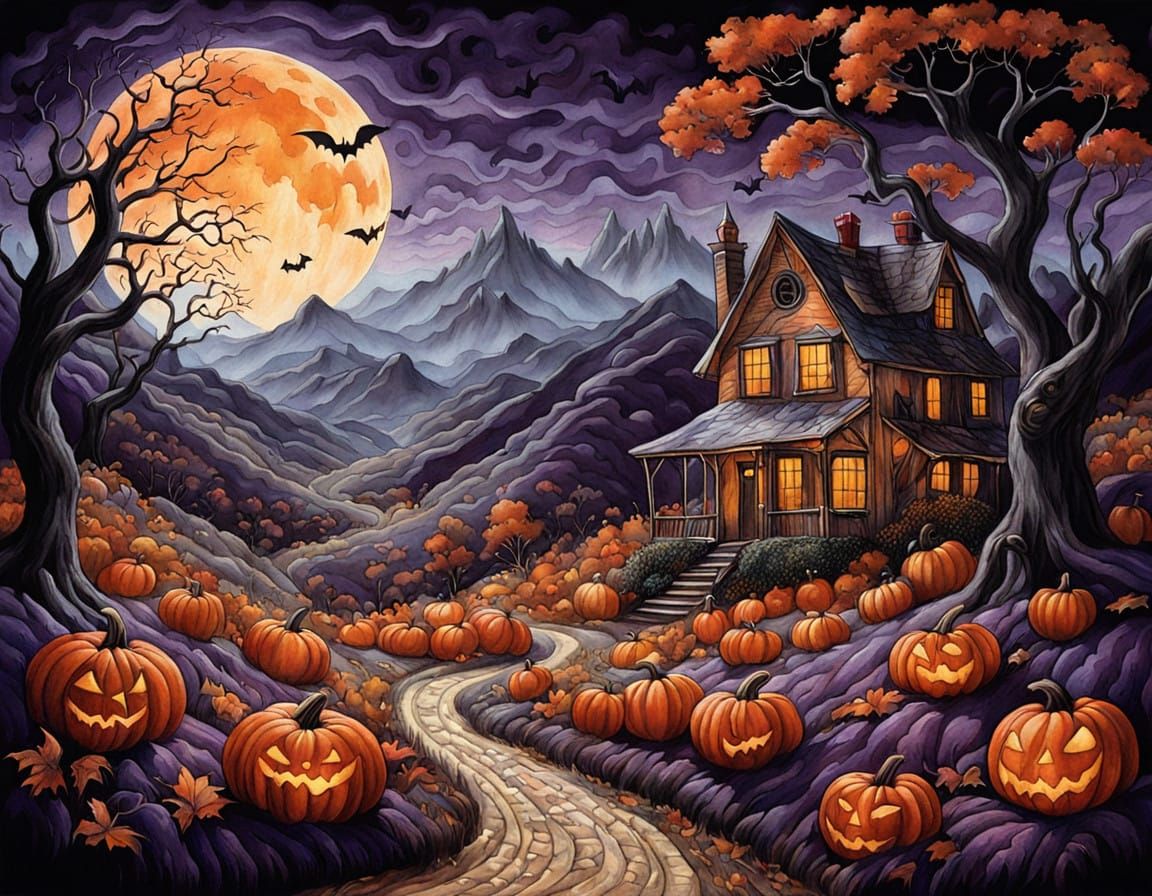 Enchanted Halloween Quilted Landscape with Harvest Moon and ...