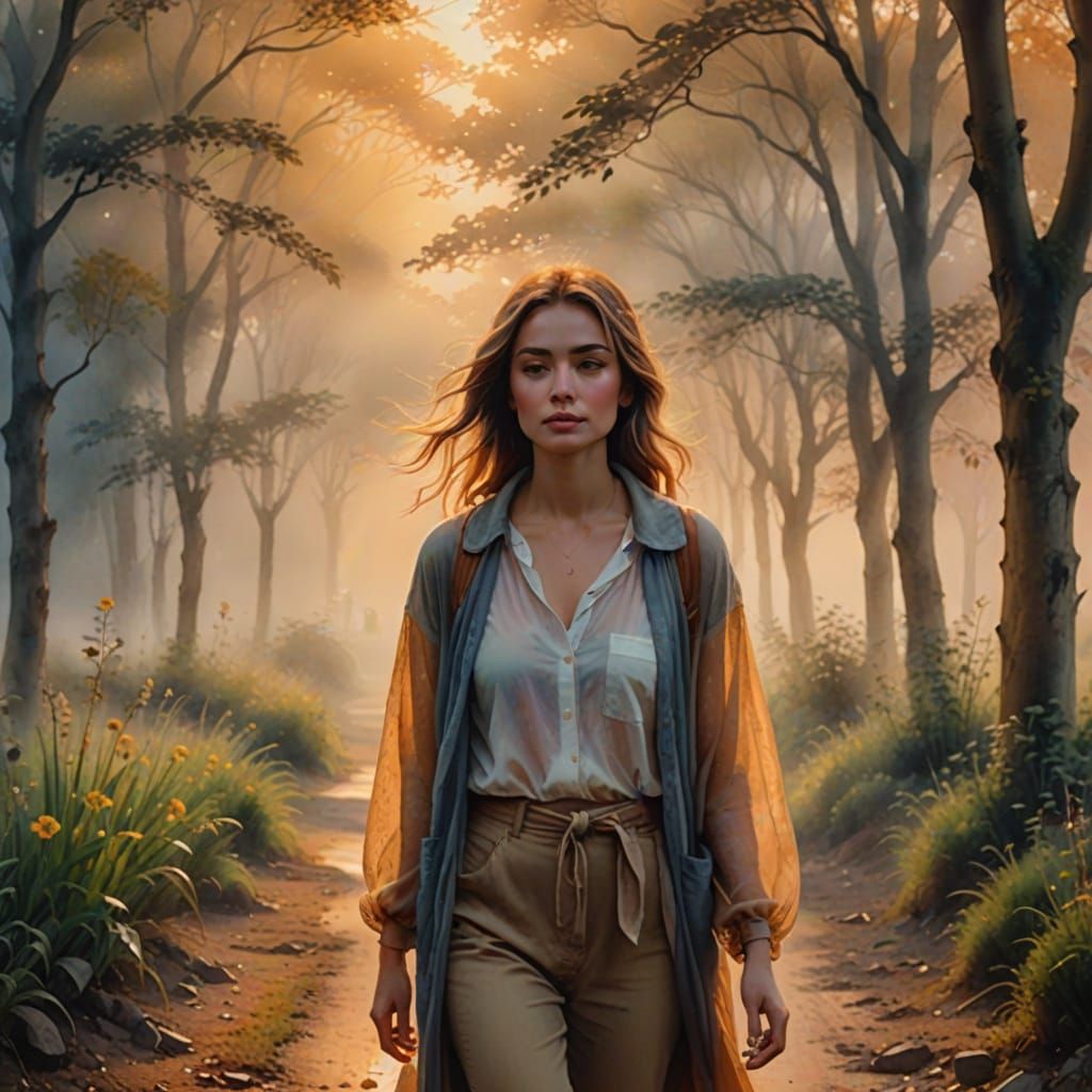 Ethereal Woman in Mist: Romantic Watercolor Fantasy Art