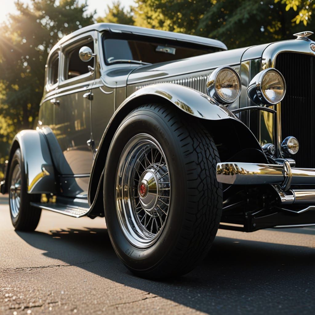 Sleek Chrome Hot Rod in Warm Sunlight