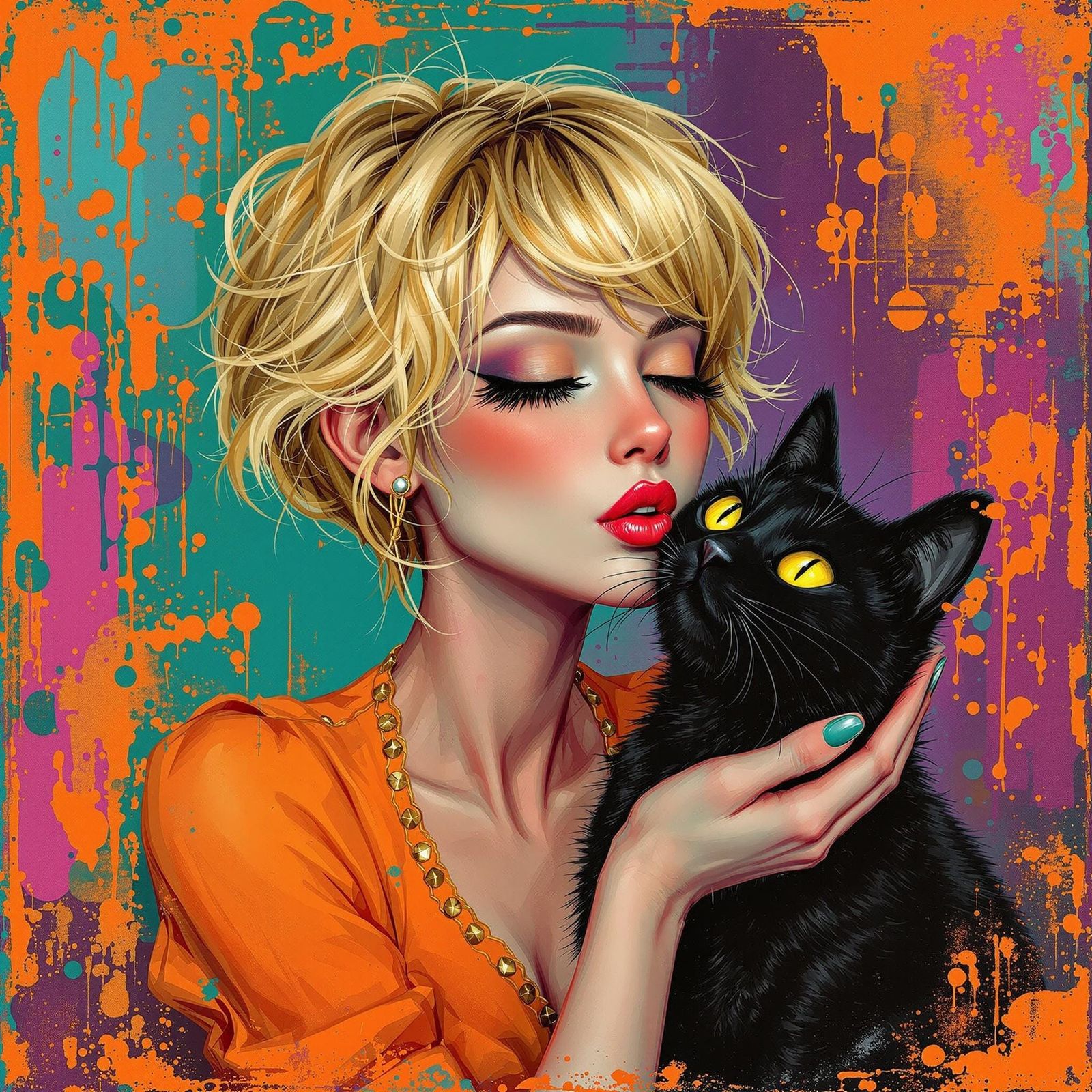 Woman Blowing Kiss with Cat, Oil and Airbrush Style