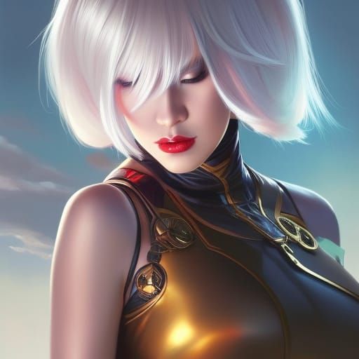 Full shot of badass girl by Rossdraws and Ilya Kuvshinov and WLOP, blonde hair, 8k resolution, digital illustration, tre...