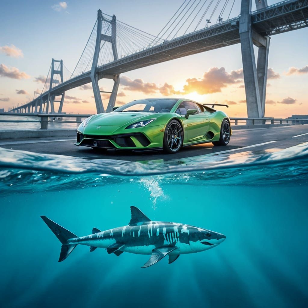 Green Lamborghini Huracan Speeds Over Water With Shark Below