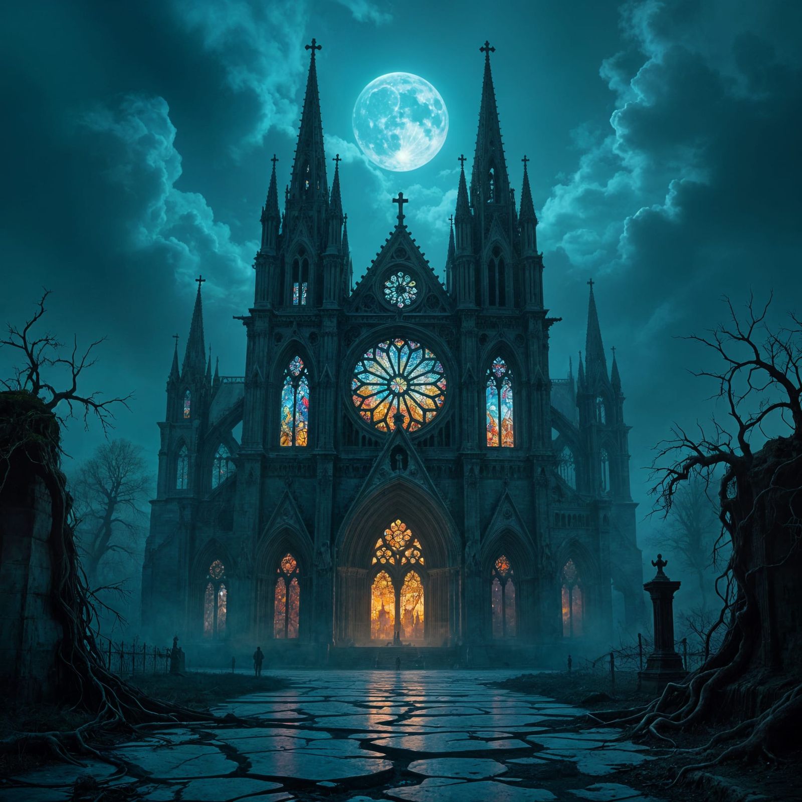 Decaying Cathedral in Haunted Forest, Digital Illustration