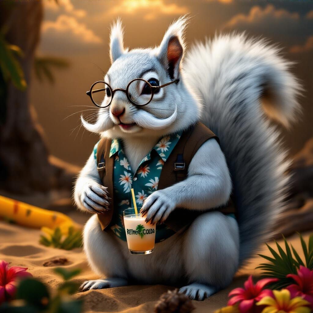 Retired Squirrel Sipping Pina Colada on the Beach