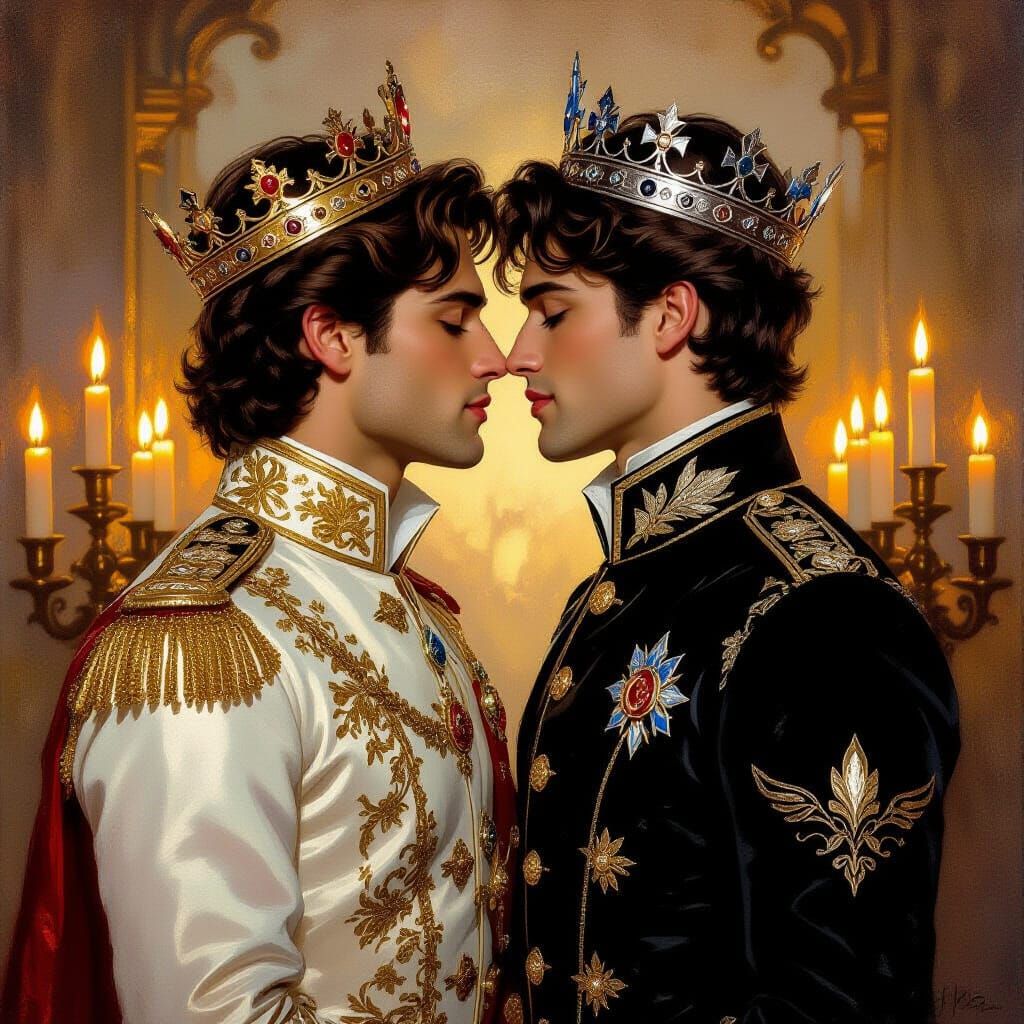 Princes Share Tender Kiss in Romantic Realistic Painting