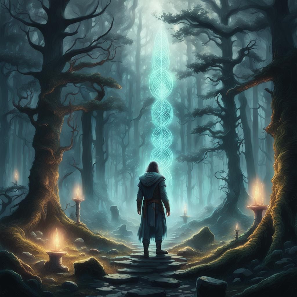 Mystical Figure in Forest with Glowing Runes