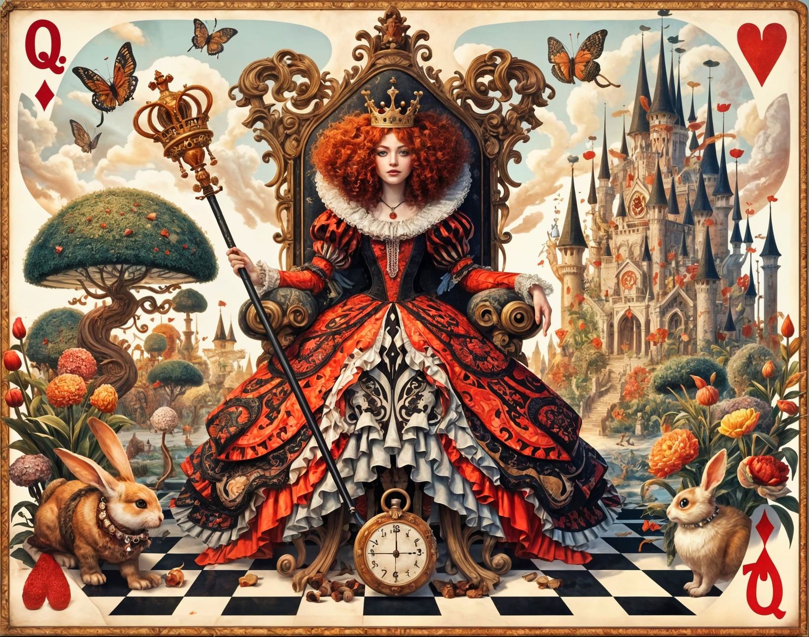 Whimsical Queen of Hearts on Chessboard Throne
