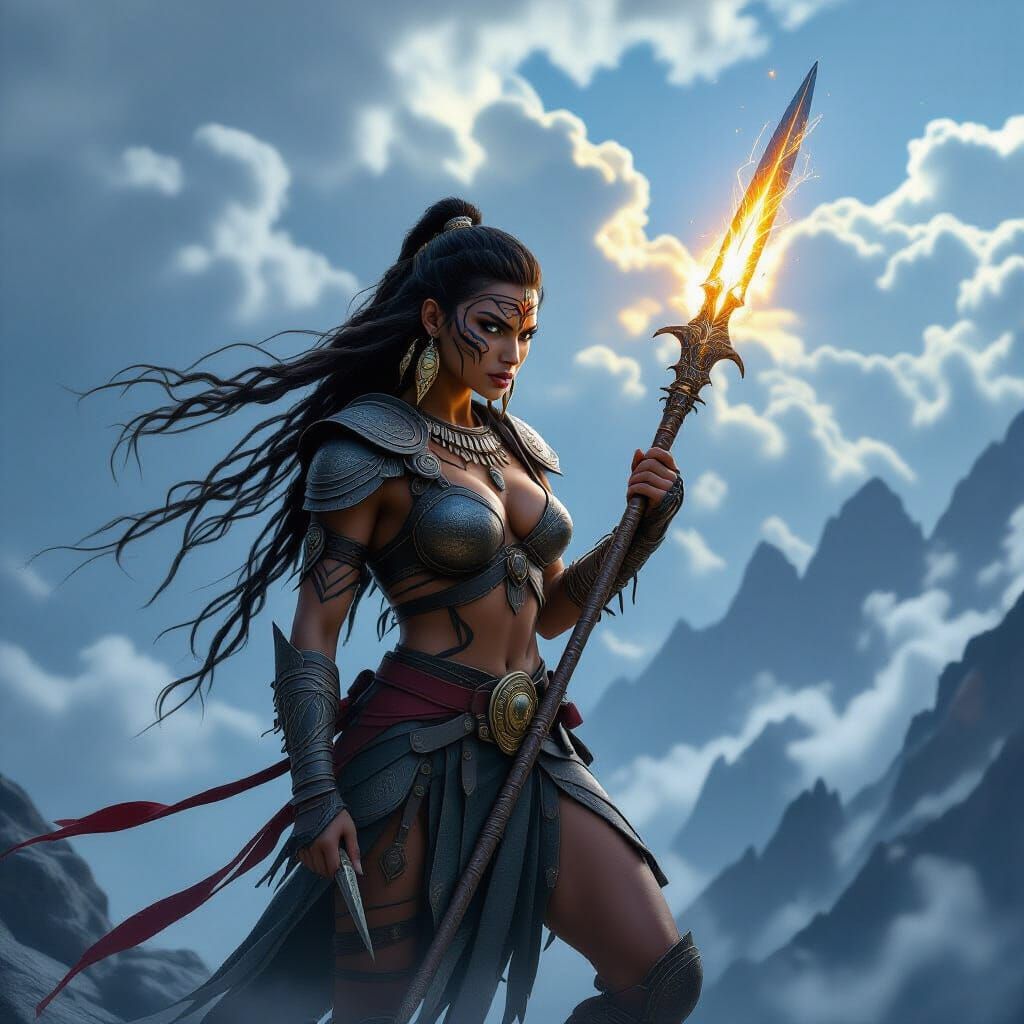 Fierce Amazon Warrior on Windswept Peak