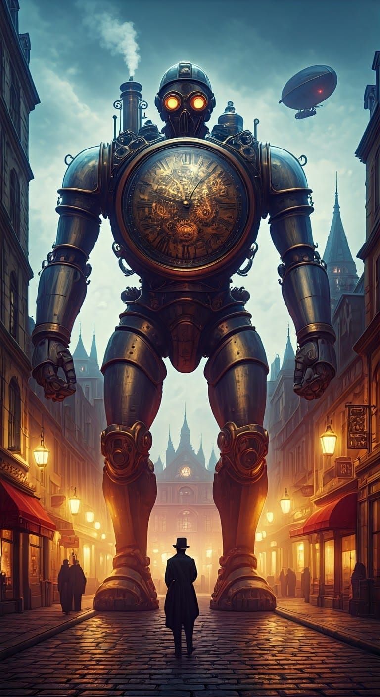Steampunk Clockwork Golem Overlooking City