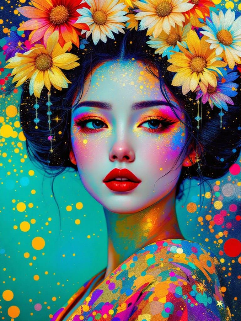 Geisha with Daisies Crown in Neo-Impressionist Style