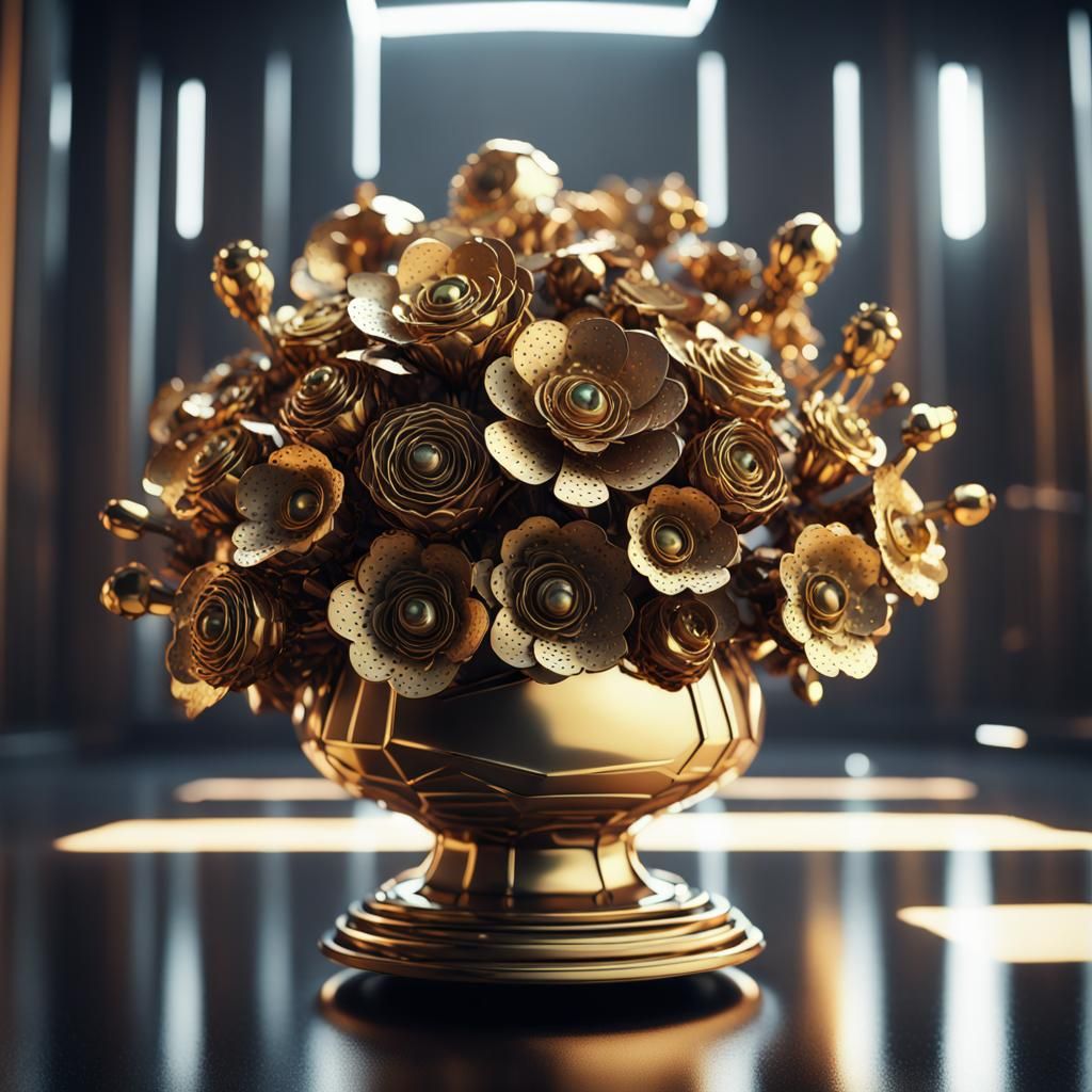 Golden Metal Flower Bouquet in Sci-Fi Style