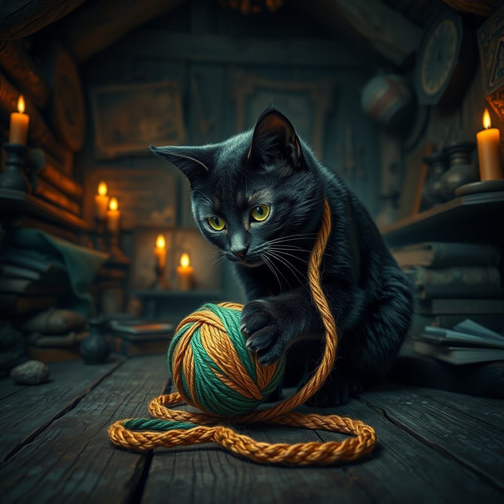 Whimsical Witch's Cat Plays with Luminous Yarn in Mysterious...