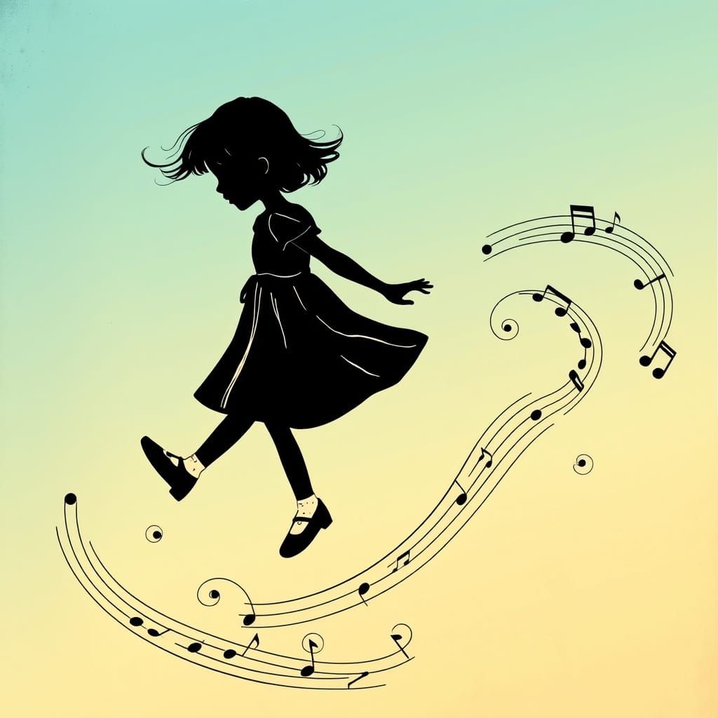 Little Girl Skipping on Music Notes in Black Silhouette