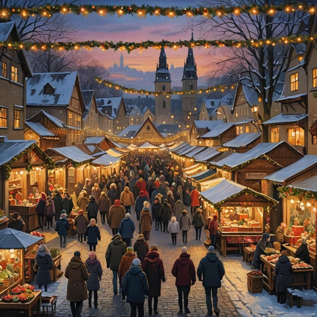 Festive Christmas Market Oil Painting at Dusk