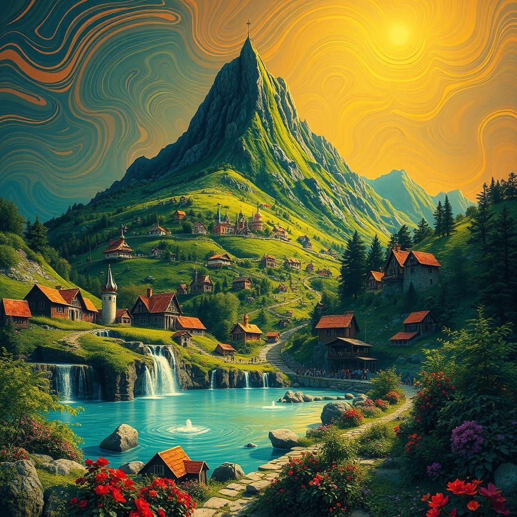 Expressive Mountain Landscape in Hundertwasser Style