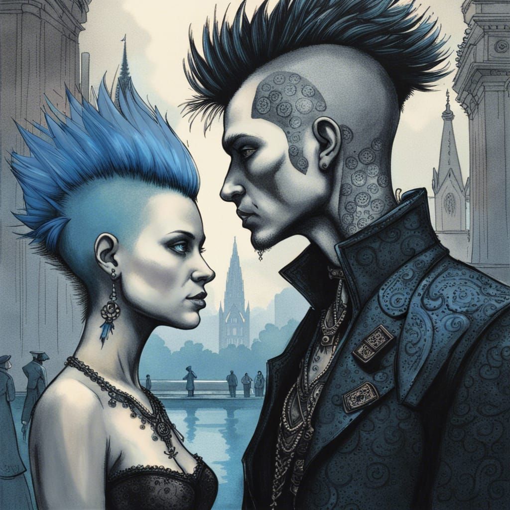 Punk Gothic Lovers in Central Park: Lithograph Art