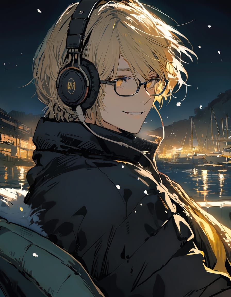 Surreal Winter Harbour Scene with Relaxed Young Man