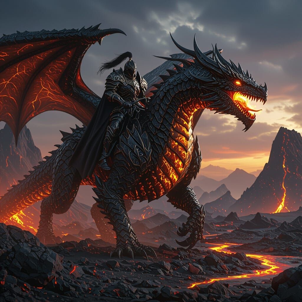 Dragon Knight on Fire Dragon over Volcanic Wasteland