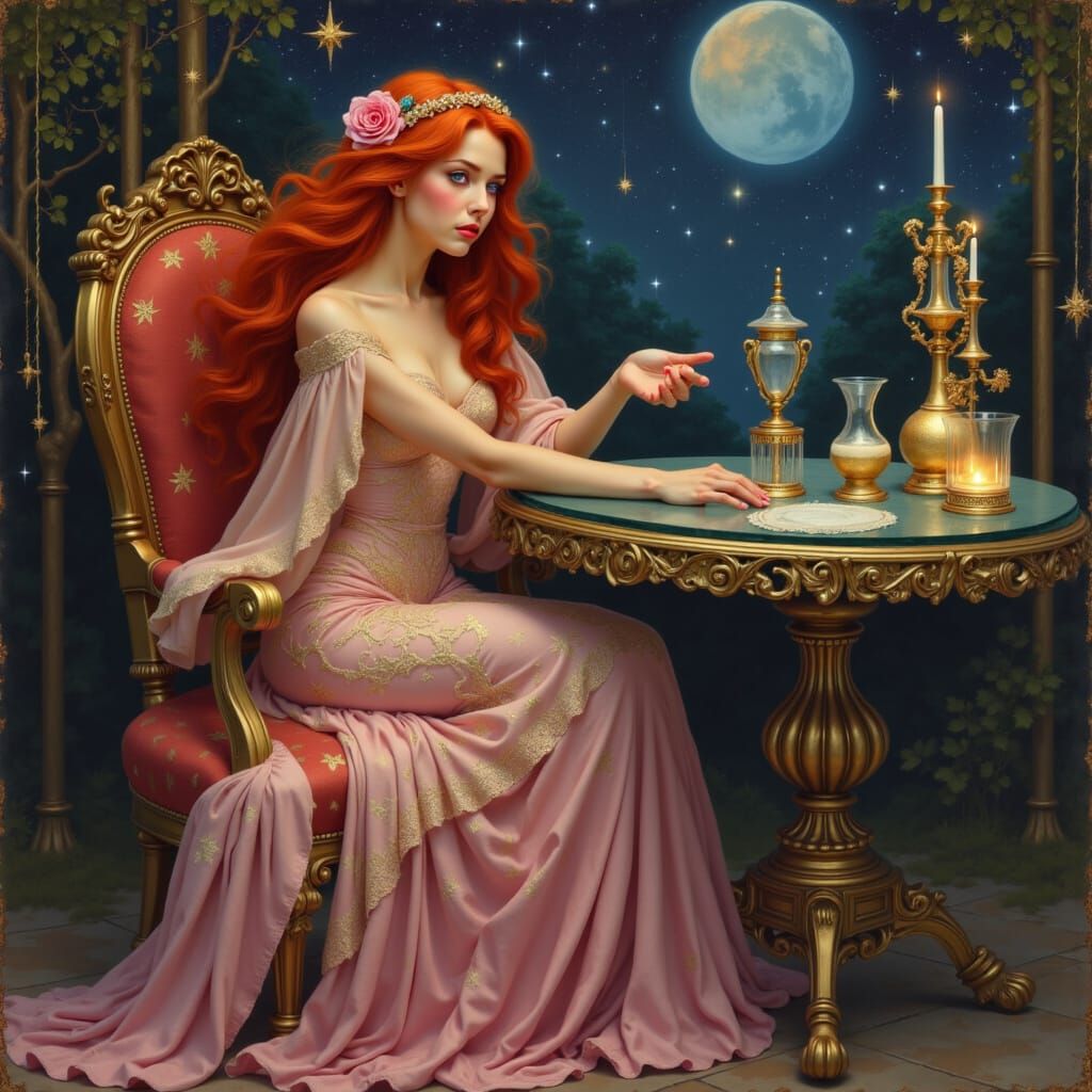 Ethereal Woman in Starlight Gown, Art Nouveau Style
