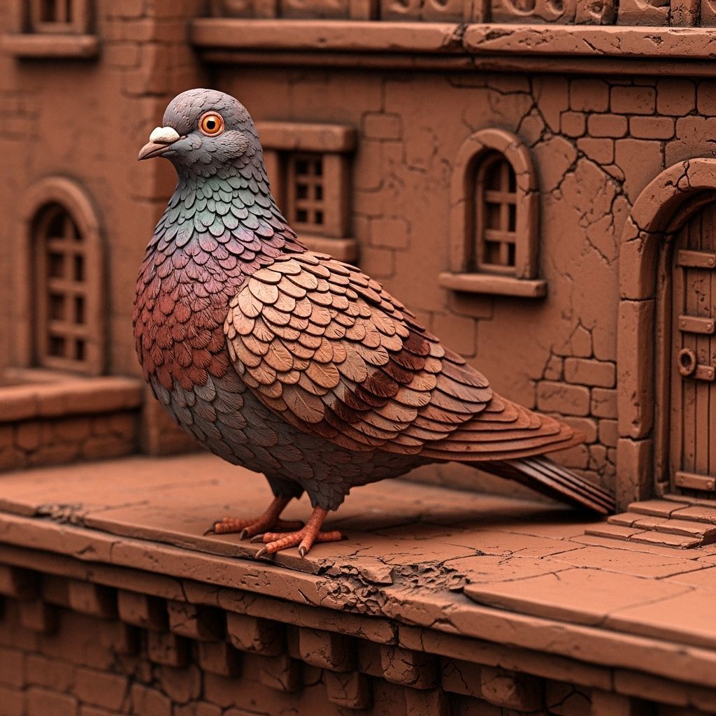 Terracotta Pigeon on Clay Building, Stop-Motion Aesthetic
