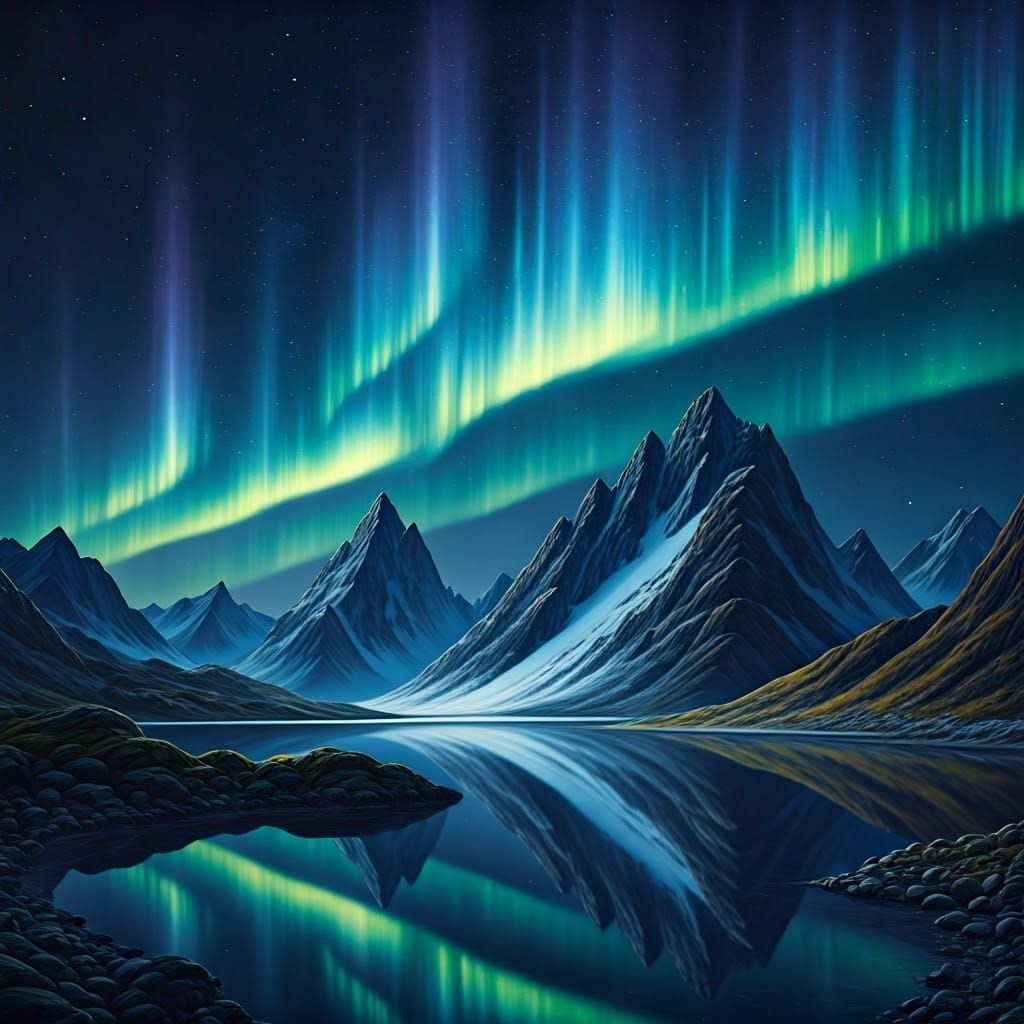 Northern Lights Over Snowy Mountain Lake