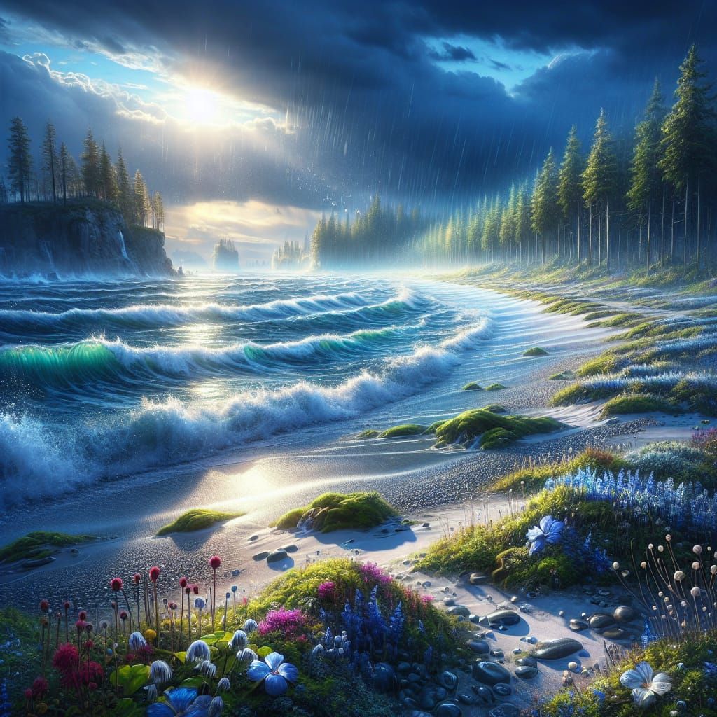 Stormy Coastal Scene with Radiant Sun and Wildflowers