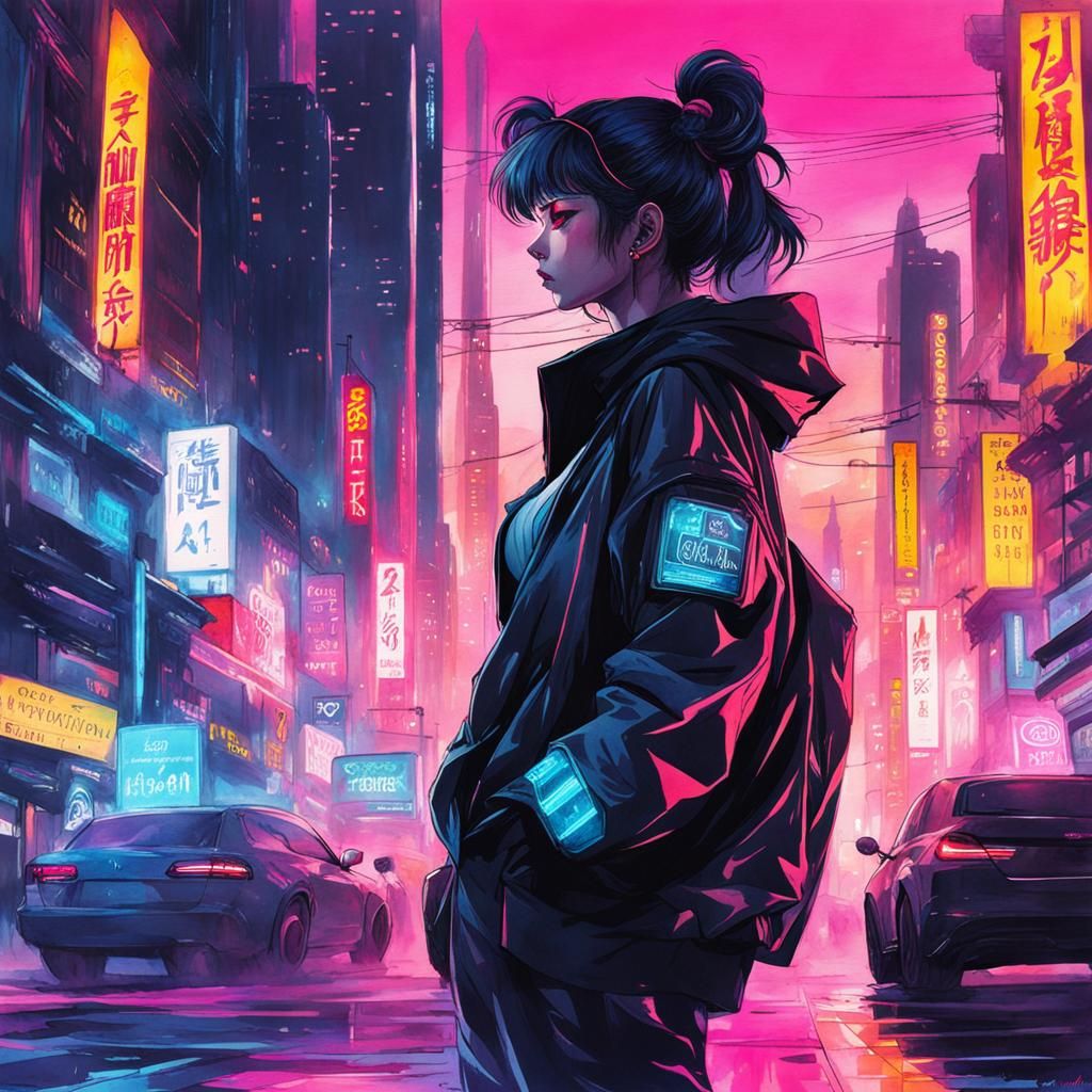 Watercolor Cyberpunk Dreamscape in Anime Style