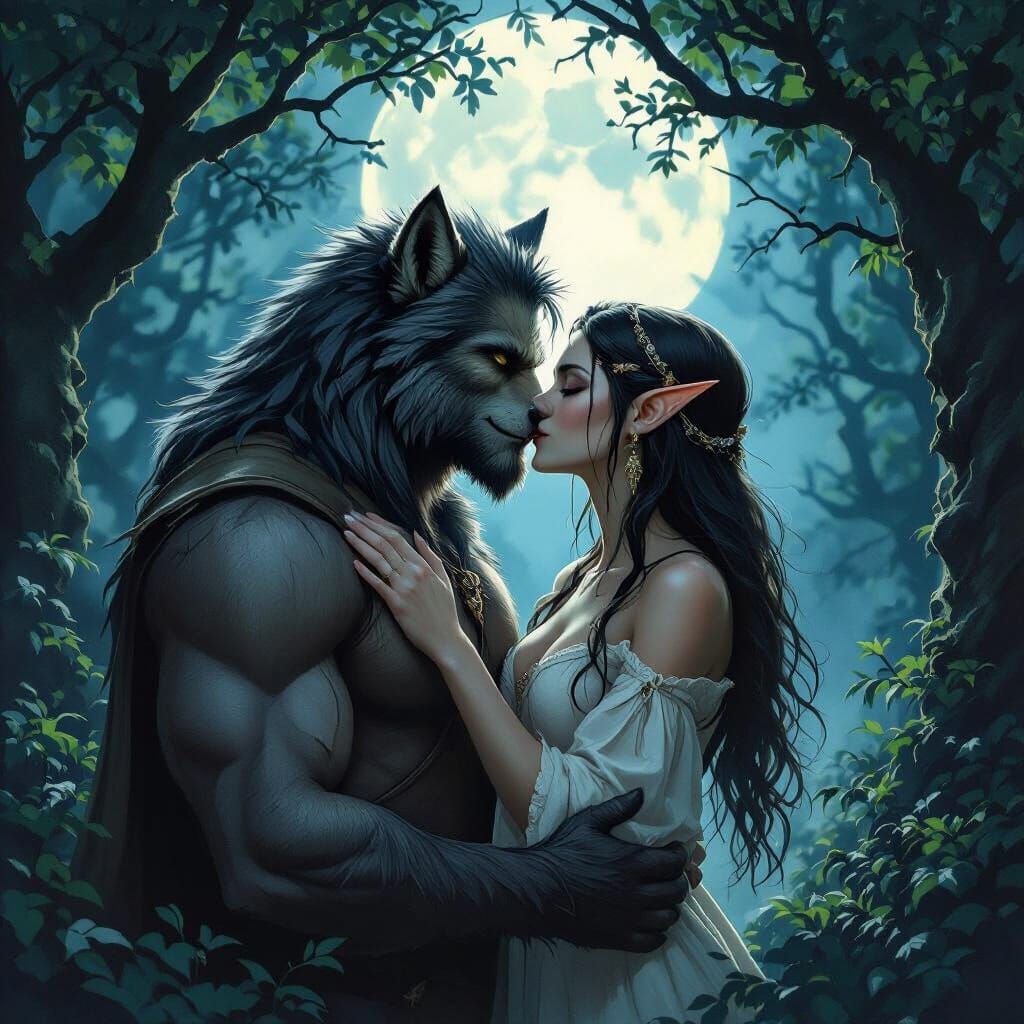 Werewolf and Elf Kissing in Moonlit Forest Clearing