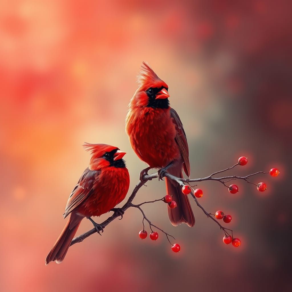 Ethereal Cardinals Perched on a Twisted Branch