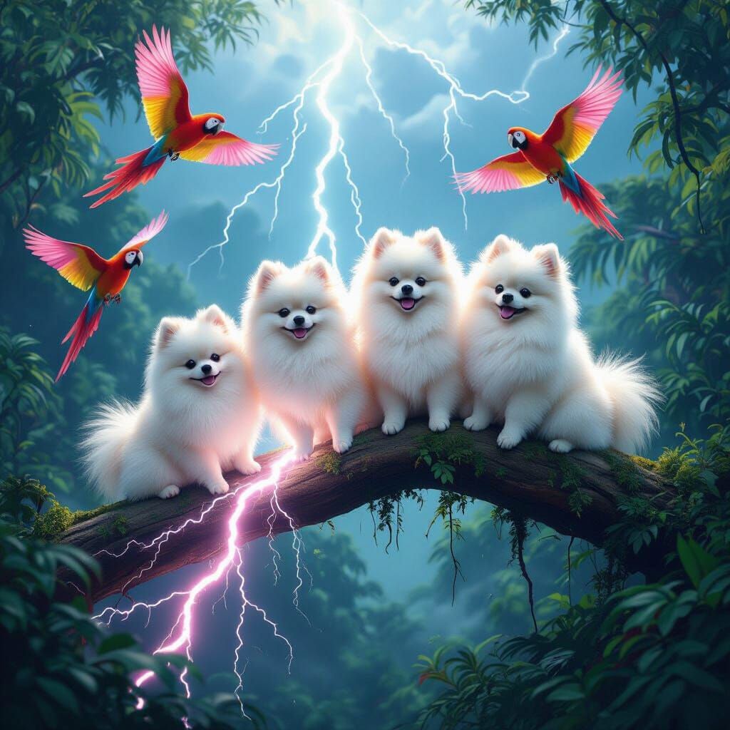 Pomeranians on Lightning in Stormy Jungle with Parrots