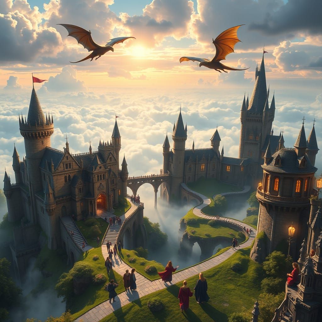 Magical Floating Academy with Dragons and Students