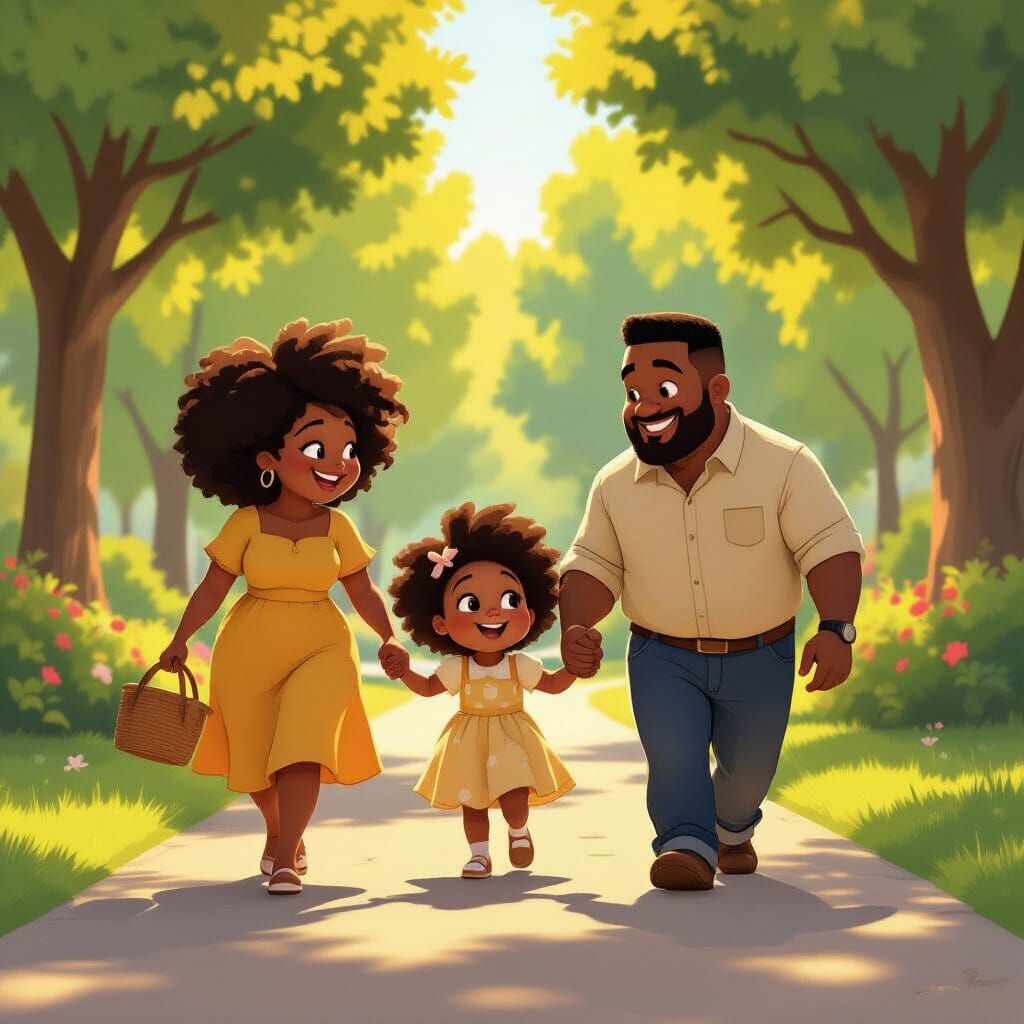 Animated Black Girl's Joyful Morning Walk in Park