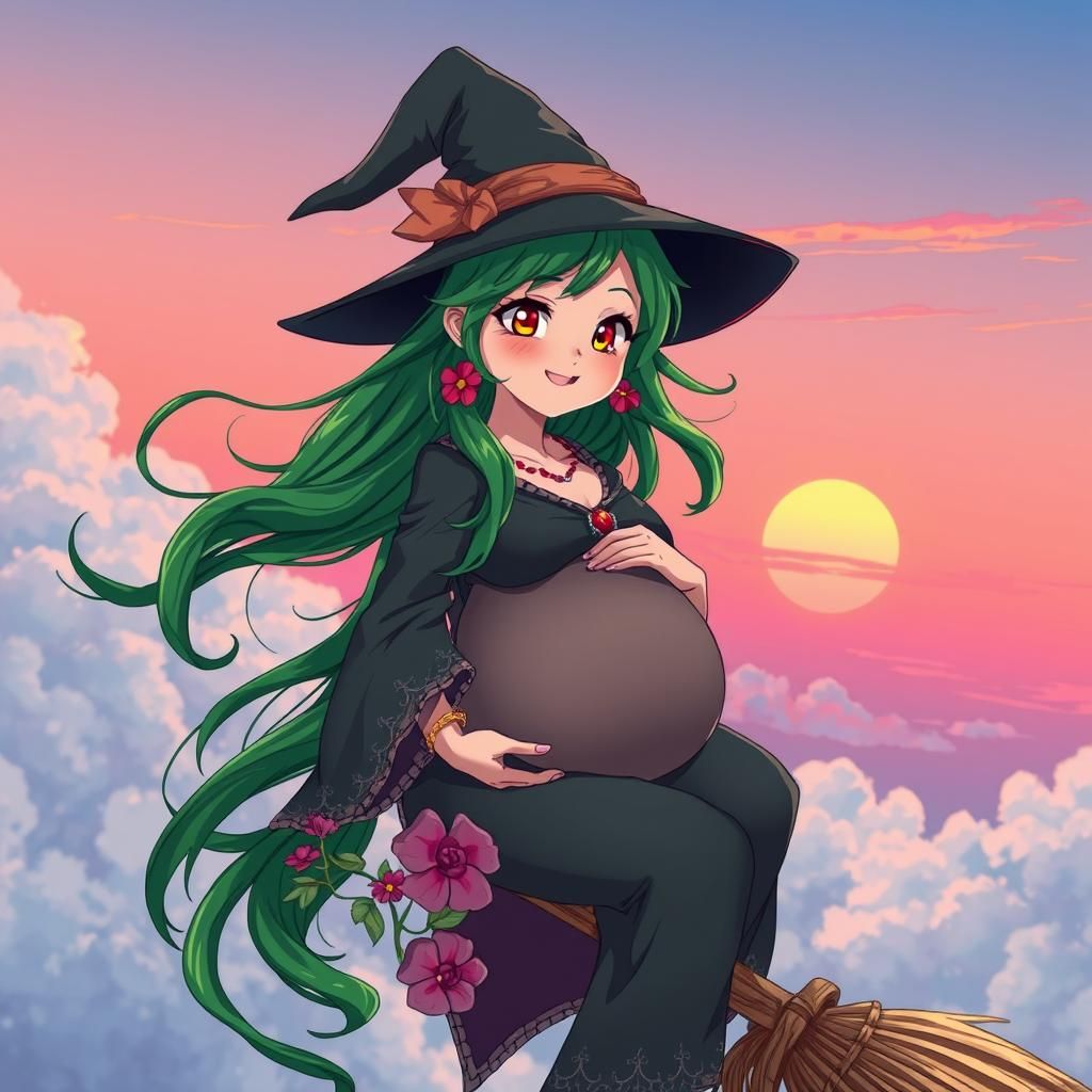Pregnant Witch on Broomstick in Manga Style